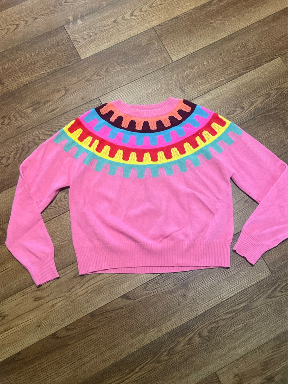 Jumper 1234 100% Cashmere Rick Rack Yoke Crew Neck Sweater Pink Multi
